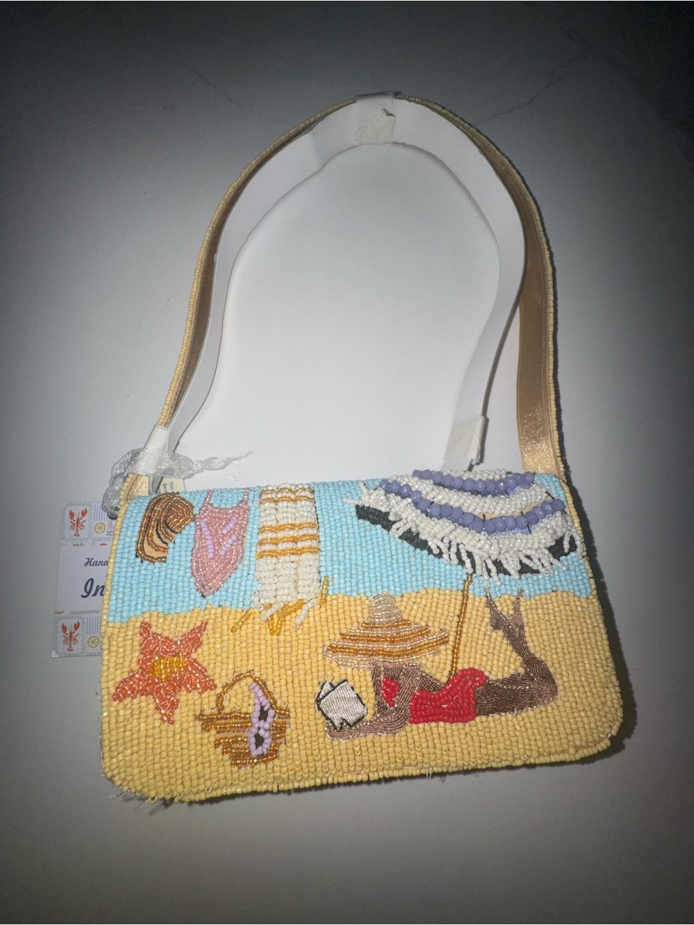TJ Maxx Viral Summer Woman Reading BEACH Beaded Shoulder Bag -Yellow & Blue NWT